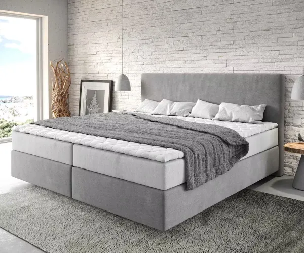 DELIFE Boxspring posteľ Dream-Well mikrovlákno sivá 200x200 cm s vreckovou pružinovou matracou a topperom Visco