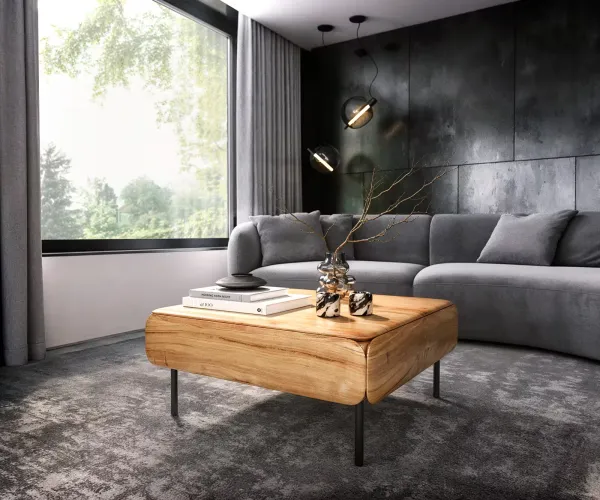 DELIFE Konferenčný stolík Shavani 90x90 cm akácia prírodná 2 zásuvky kov čierna