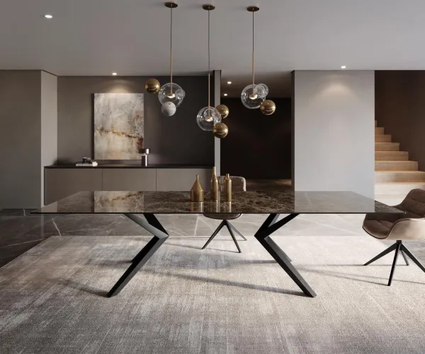 DELIFE Jedálenský stôl Edge 300x100 keramika Laminam® Emperador Extra Lucidato tmavohnedá Zenthara hranatý kov čierna