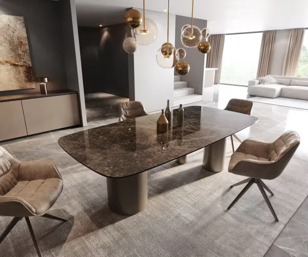 DELIFE Jedálenský stôl Edge Boot 240x120 keramika Laminam® Emperador Extra Lucidato tmavohnedá Troa kov efektová povrchová úprava titánová