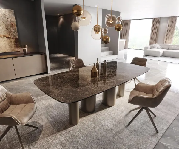 DELIFE Jedálenský stôl Edge zaoblený tvar 240x120 keramika Laminam® Emperador Extra Lucidato tmavohnedá kovová podstava efekt titán