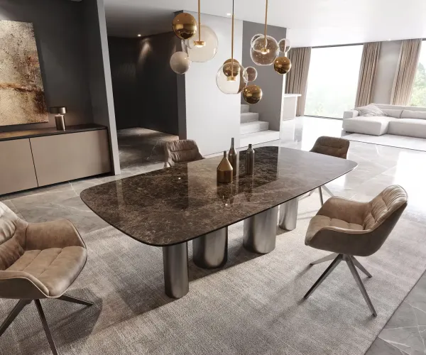 DELIFE Jedálenský stôl Edge zaoblený tvar 240x120 keramika Laminam® Emperador Extra Lucidato tmavohnedá kovová podstava nerezová oceľ grafitová