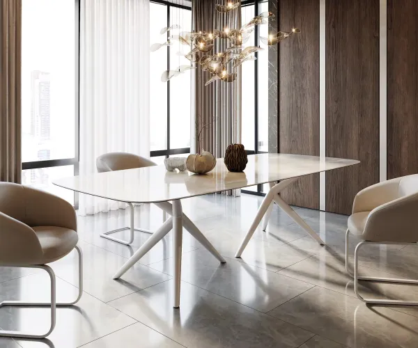 DELIFE Jedálenský stôl Edge zaoblený tvar 270x120 keramika Iris FMG Onice Grigio Estelar okrúhly kov biela