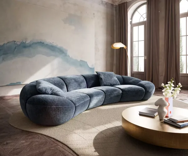 DELIFE Veľká pohovka Lunna 360x175 cm šenilka modrá 2 vankúše