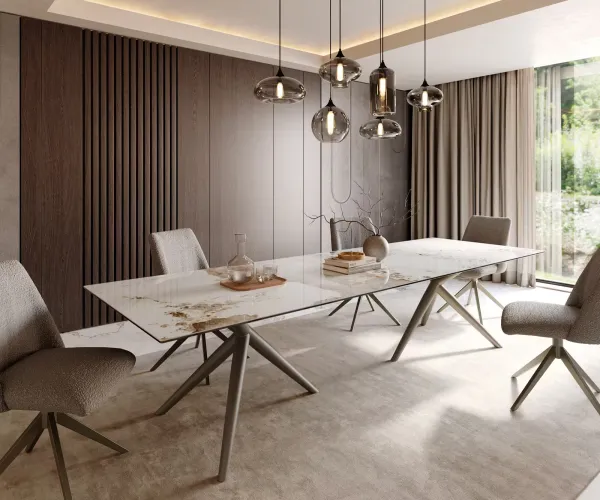 DELIFE Jedálenský stôl Edge 300x100 keramika Minas melange bielo-béžová Estelar okrúhly kov efektová úprava titánová