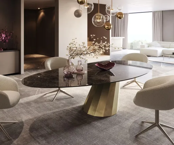 DELIFE Jedálenský stôl Edge oválny 280x130 keramika Laminam® Emperador extra lesklý tmavohnedá parabolická metalická zlatá