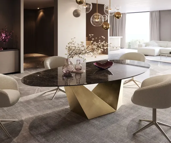 DELIFE Jedálenský stôl Edge oválny 280x130 keramika Laminam® Emperador extra leštený tmavohnedá Prisma metalická zlatá
