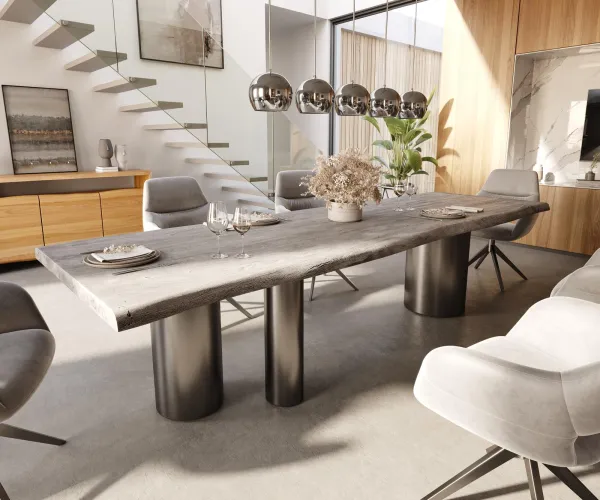DELIFE Jedálenský stôl Edge 300x100 XL akácia platinová Troa nerezová oceľ grafit Live-Edge