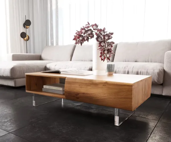 DELIFE Konferenčný stolík New Live-Edge 115x60 cm akácia prírodná 2 zásuvky 1 priehradka akrylová podstava