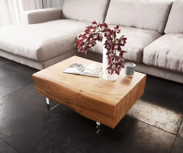 DELIFE Konferenčný stolík New Live-Edge 80x60 cm akácia prírodná 2 zásuvky akrylová podstava