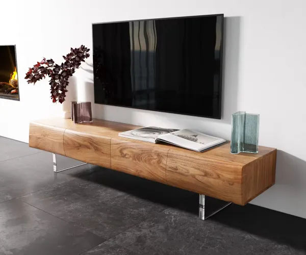 DELIFE TV stolík New Live-Edge 175 cm akácia prírodná 4 dvierka akrylová podstava