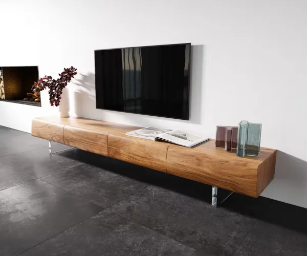 DELIFE TV stolík New Live-Edge 240 cm akácia prírodná 4 zásuvky akrylová podstava