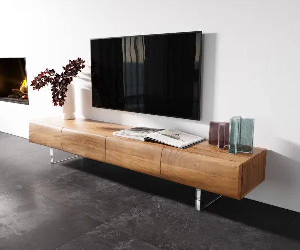 DELIFE TV stolík New Live-Edge 200 cm akácia prírodná 4 dvierka akrylová podstava