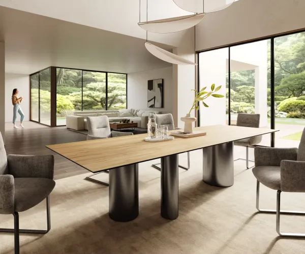 DELIFE Jedálenský stôl Edge 300x100 keramika Laminam® Sabbia dubová farba Troa nerezová oceľ grafitová