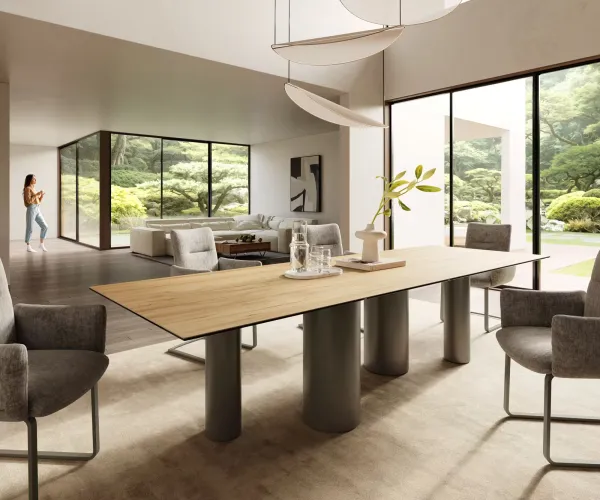 DELIFE Jedálenský stôl Edge 300x100 keramika Laminam® Sabbia dubová farba Pilier kov efekt titán