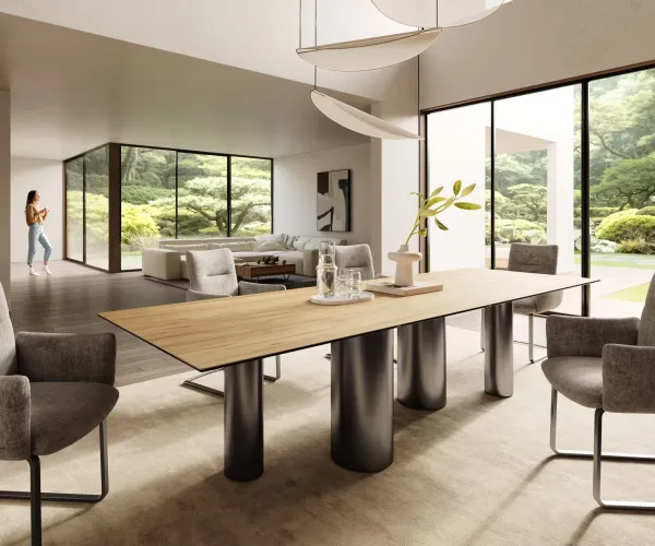 DELIFE Jedálenský stôl Edge 300x100 keramika Laminam® sabbia dubová farba podstava nerezová oceľ grafitová
