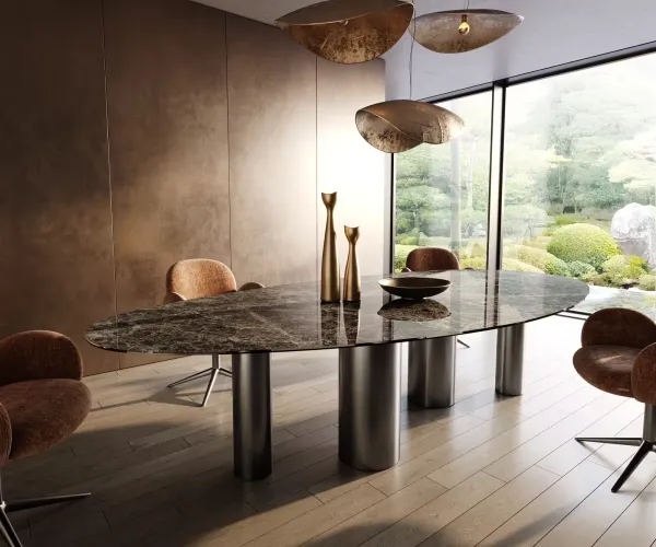 DELIFE Jedálenský stôl Edge oválny 315x150 keramika Laminam®Emperador Extra Lucidato tmavohnedá kovová podstava nerezová oceľ grafitová