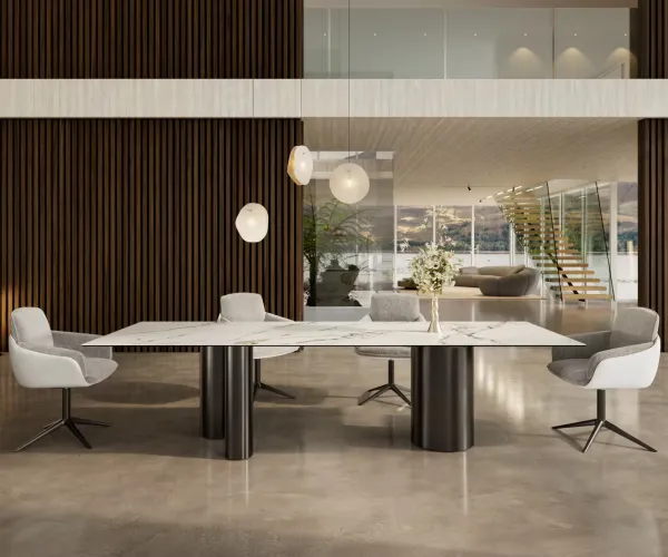 DELIFE Jedálenský stôl Edge 300x100 keramika Calacatta Luxe bielo-zlato-šedá Troa nerezová oceľ grafitová