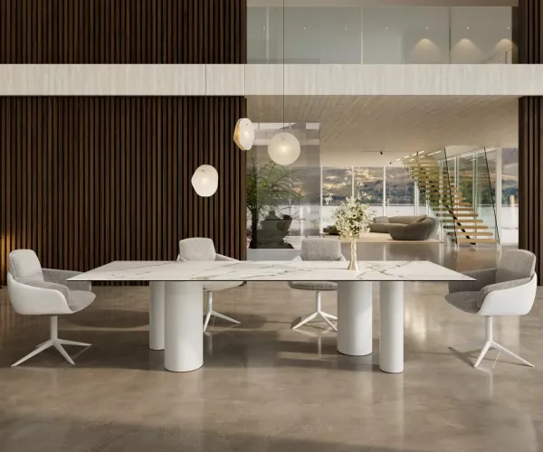 DELIFE Jedálenský stôl Edge 300x100 keramika Calacatta Luxe bielo-zlato-šedá kovová podstava biela