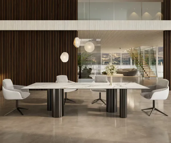 DELIFE Jedálenský stôl Edge 300x100 keramika Calacatta Luxe bielo-zlato-šedá pilier nerezová oceľ grafitová