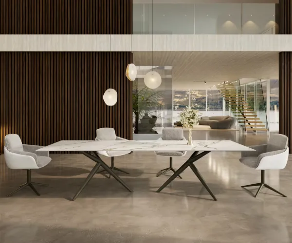 DELIFE Jedálenský stôl Edge 300x100 keramika Calacatta Luxe bielo-zlato-šedá Estelar okrúhly kov titánový efektový povrch