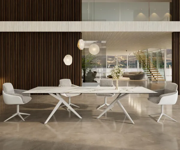 DELIFE Jedálenský stôl Edge 300x100 keramika Calacatta Luxe bielo-zlato-šedá Estelar okrúhly kov biela
