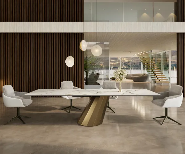 DELIFE Jedálenský stôl Edge 300x100 keramika Calacatta Luxe bielo-zlato-šedá parabolický metalický zlatý