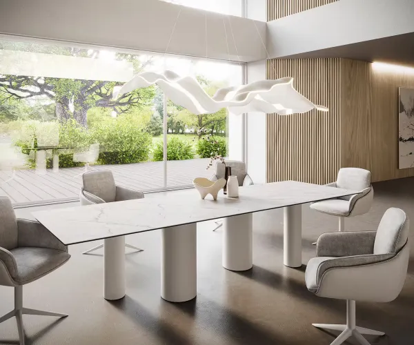 DELIFE Jedálenský stôl Edge 300x100 keramika Laminam®Statuarietto biela pilier kov biela