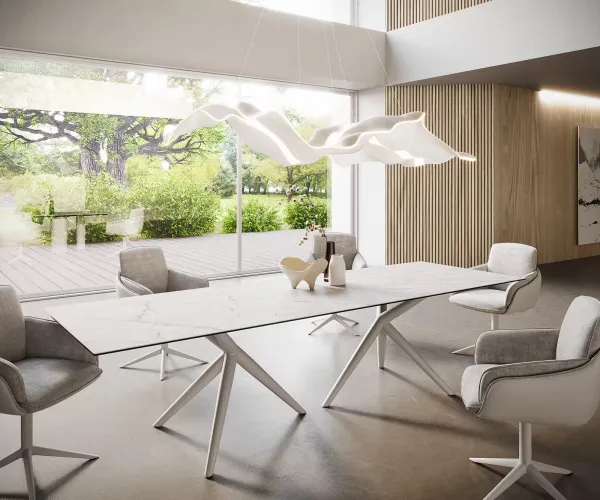DELIFE Jedálenský stôl Edge 300x100 keramika Laminam®Statuarietto biela Estelar okrúhly kov biela