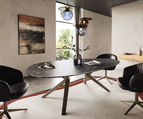 DELIFE Jedálenský stôl Edge oválny 220x120 keramika Laminam® Nero Greco antracitová Zenthara hranatý kov efektová povrchová úprava titánová