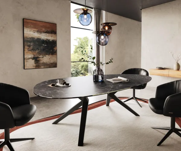 DELIFE Jedálenský stôl Edge oválny 220x120 keramika Laminam® Nero Greco antracitová Zenthara hranatý kov čierna