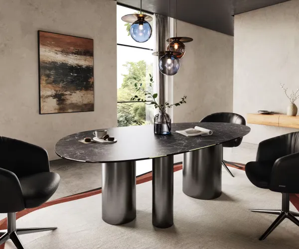 DELIFE Jedálenský stôl Edge oválny 220x120 keramika Laminam® Nero Greco antracitová Troa nerezová oceľ grafitová