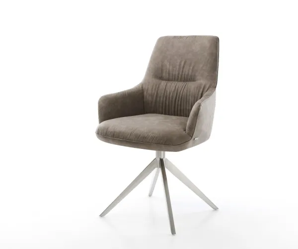 DELIFE Otočná jedálenská stolička Zelia-Flex s opierkami mikrovlákno taupe vintage krížová podstava široká nerezová oceľ 360° otočná hojdacia funkcia vrecková pružina