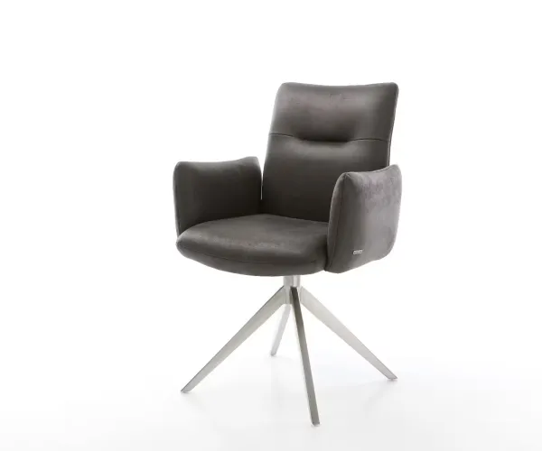 DELIFE Jedálenská stolička Jova-Flex s opierkami mikrovlákno antracit vintage krížová podstava široká nerezová oceľ 360° otočná hojdacia funkcia vrecková pružina