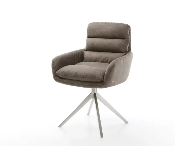 DELIFE Otočná jedálenská stolička Abelia-Flex s opierkami mikrovlákno taupe vintage krížová podstava široká nerezová oceľ 360° otočná hojdacia funkcia
