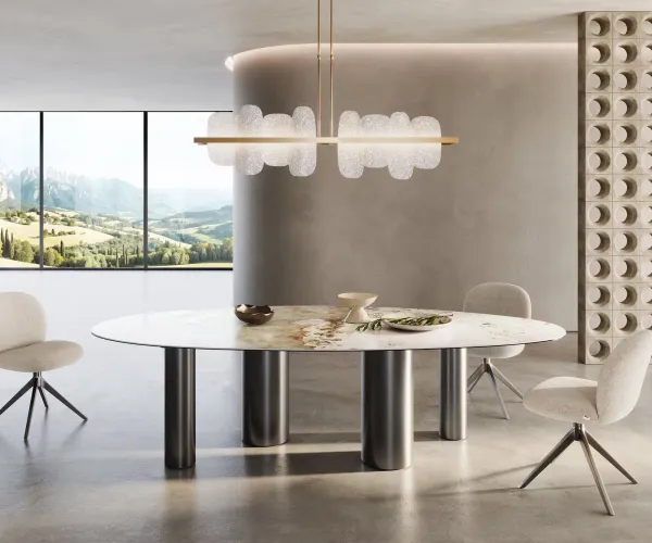 DELIFE Jedálenský stôl Edge oválny 280x130 keramika Minas melange bielo-béžová pilier nerezová oceľ grafitová
