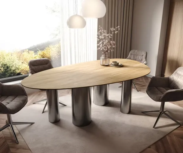 DELIFE Jedálenský stôl Edge oválny 220x120 keramika Laminam® sabbia dubová farba pilier nerezová oceľ grafitová