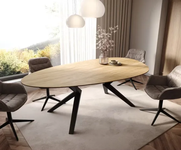 DELIFE Jedálenský stôl Edge oválny 220x120 keramika Laminam® sabbia dubová farba Zenthara hranatý kov čierny