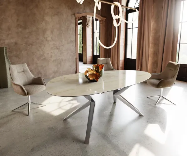 DELIFE Jedálenský stôl Edge oválny 220x120 keramika iris FMG onice oro zenthara hranatý nerezová oceľ