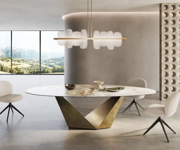 DELIFE Jedálenský stôl Edge oválny 280x130 keramika Minas melange bielo-béžová Prisma metalická zlatá