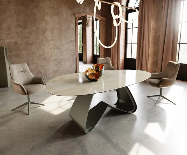 DELIFE Jedálenský stôl Edge oválny 220x120 keramika Iris FMG Onice Oro podstava v tvare W kov efektová povrchová úprava titánová
