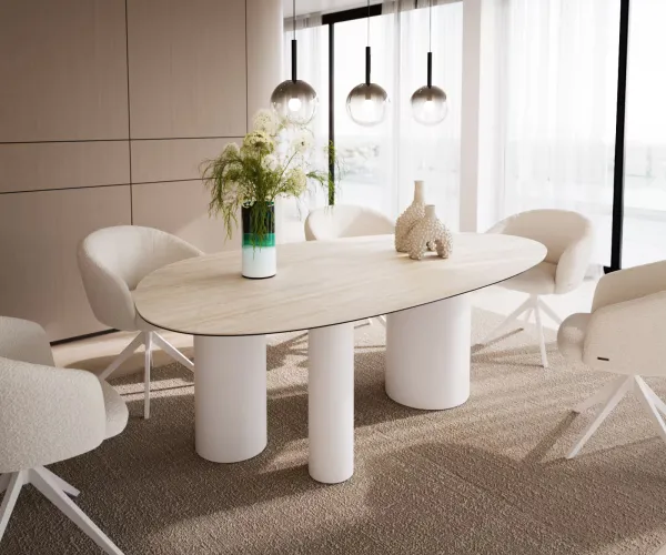 DELIFE Jedálenský stôl Edge oválny 220x120 keramika Laminam® Travertino Bianco krémovo biela Troa kov biela
