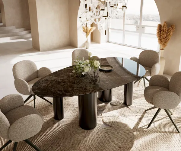 DELIFE Jedálenský stôl Edge oválny 220x120 keramika Laminam® Emperador Extra Lucidato tmavohnedá pilier nerezová oceľ grafitová