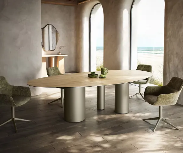 DELIFE Jedálenský stôl Edge oválny 280x130 keramika Laminam® sabbia dubová farba Troa kov titánová farba