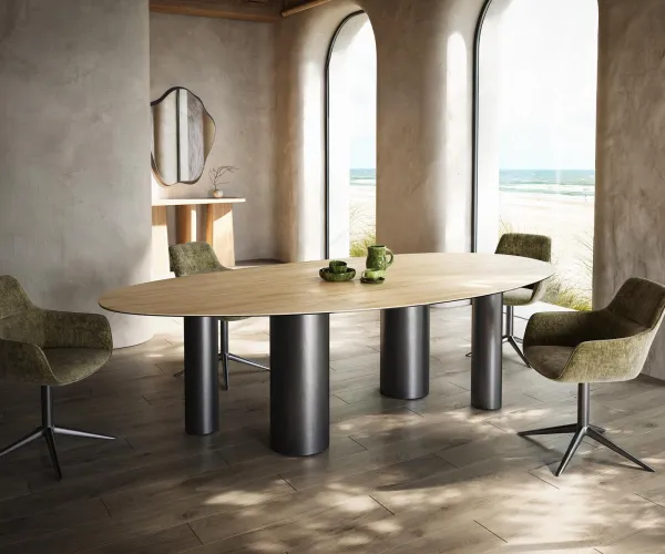 DELIFE Jedálenský stôl Edge oválny 280x130 keramika Laminam® Sabbia dubová podstava nerezová oceľ grafitová