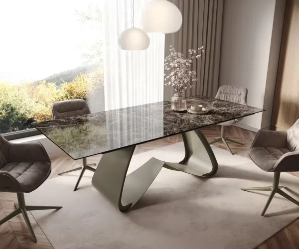 DELIFE Jedálenský stôl Edge 180-220x100 keramika Laminam® Emperador Extra Lucidato tmavohnedá podstava v tvare W titánová farba rozkladací
