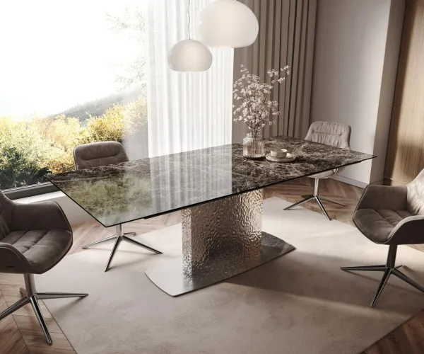 DELIFE Jedálenský stôl Edge 180-220x100 keramika Laminam® Emperador Extra Lucidato tmavohnedá Wave nerezová oceľ rozkladací