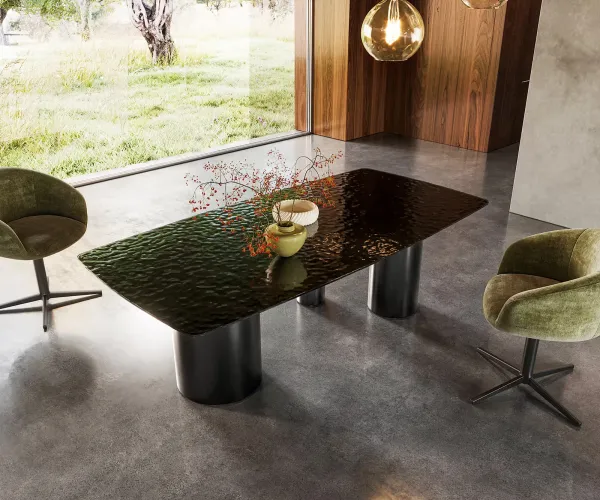 DELIFE Jedálenský stôl Edge zaoblený tvar 200x100 reliéfne sklo dymovo čierna 3D dizajn Troa nerezová oceľ grafitová