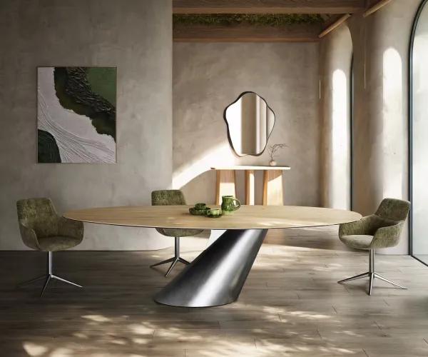 DELIFE Jedálenský stôl Edge oválny 280x130 keramika Laminam® sabbia dubová farba kužeľ metalická strieborná