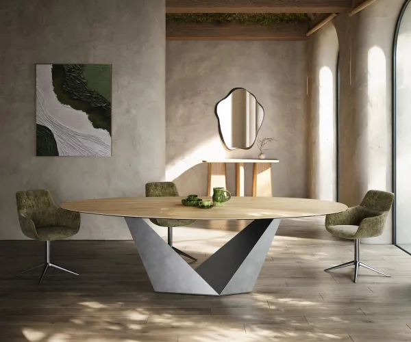 DELIFE Jedálenský stôl Edge oválny 280x130 keramika Laminam® Sabbia dubová farba Prisma metalická strieborná
